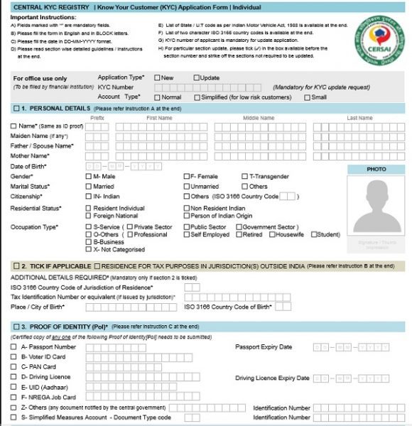 Central KYC Registry or CKYCR Form