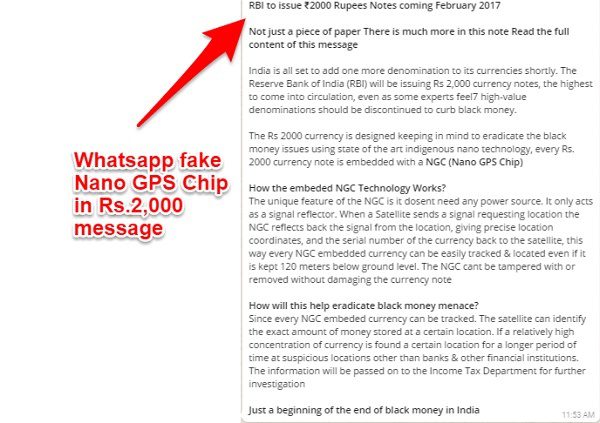 Fake Whatsapp Nano GPS Chip in Rs.2000 note message