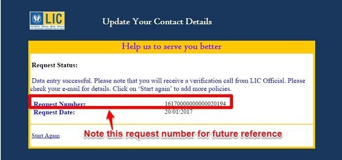 Request Number for Update Email or Mobile Number in LIC Policy online