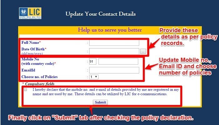 Update Contact Details in LIC Policies online