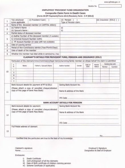 EPF Composite Claim Form in Death Cases Form
