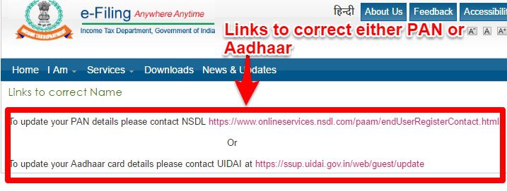 e-Filing links to correct Aadhaar or PAN