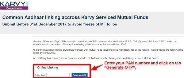 Link Aadhaar to Mutual Funds folios online Karvy