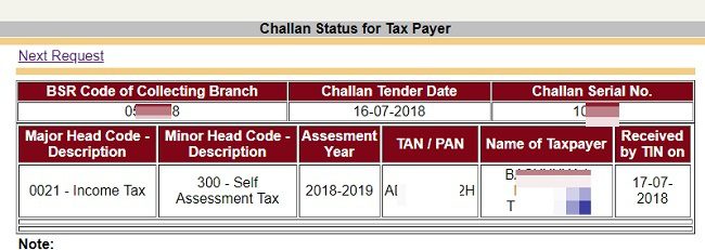 Tax Paid Receipt Status of Income Tax Dept