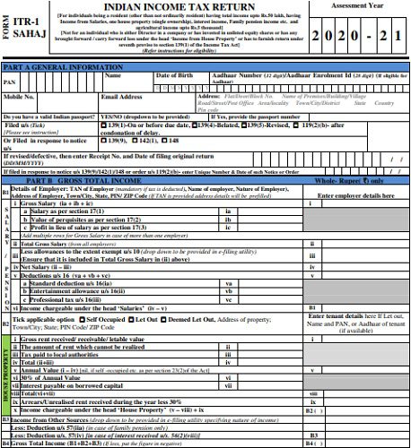 Download Income Tax Return Forms AY 2020-21 - ITR1 Sahaj
