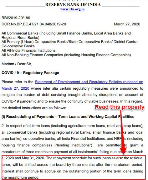3 Months EMI Moratorium on loans