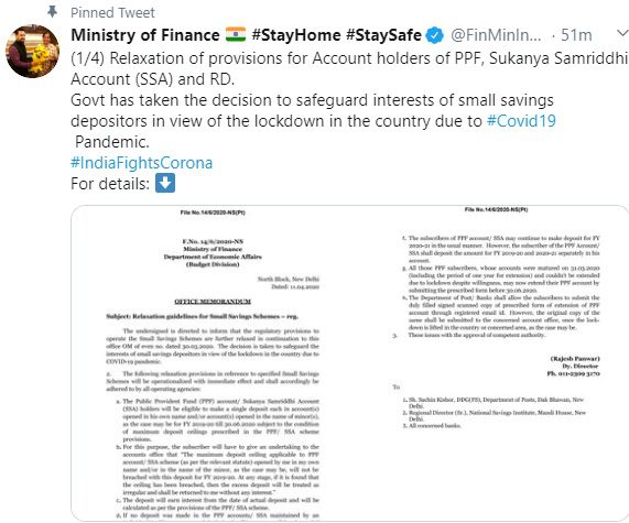 FY 2019-20 deposit in PPF and SSY extended up to 30th June 2020