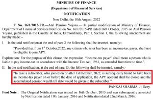 Tax Payers can't join Atal Pension Yojana notification