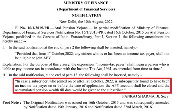 Tax Payers can't join Atal Pension Yojana notification