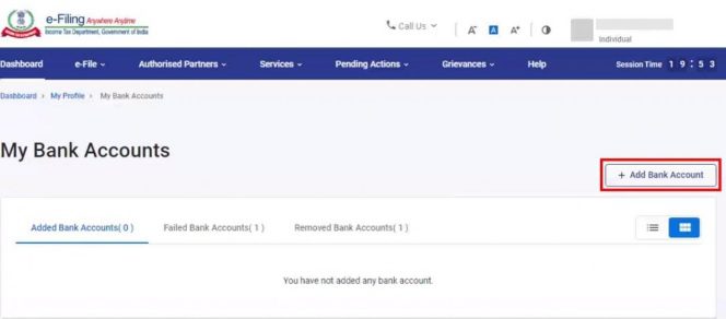Add Bank Account for income tax refund online
